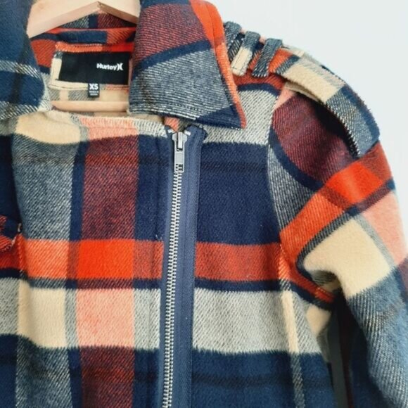 HURLEY / Quiet Rebel Moto Plaid Blanket Fleece Biker Full Zip Jacket Sz XS - Picture 9 of 16